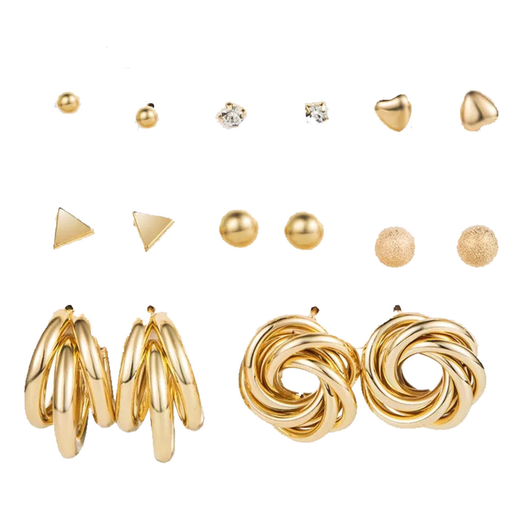 Trendy Gold-Tone Studs & Hoop Earring Set – 9 Pairs