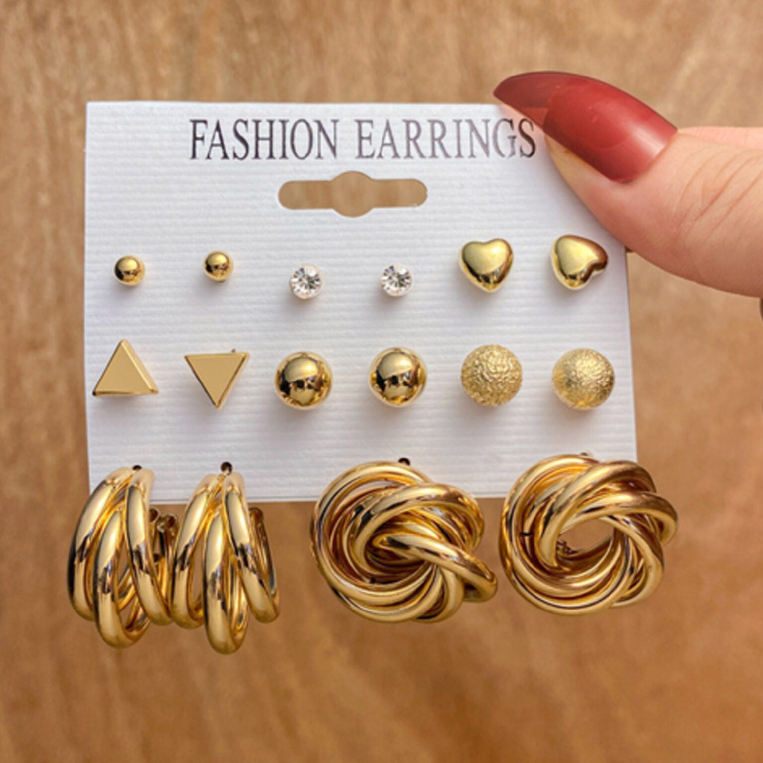 Trendy Gold-Tone Studs & Hoop Earring Set – 9 Pairs