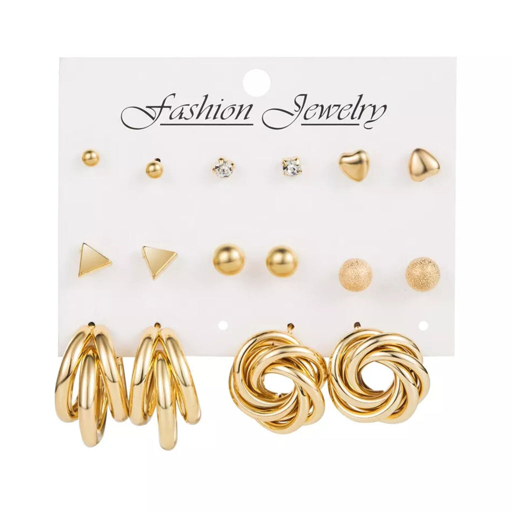Trendy Gold-Tone Studs & Hoop Earring Set – 9 Pairs