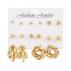 Trendy Gold-Tone Studs & Hoop Earring Set – 9 Pairs
