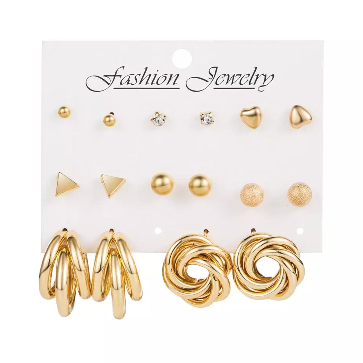 Trendy Gold-Tone Studs & Hoop Earring Set – 9 Pairs