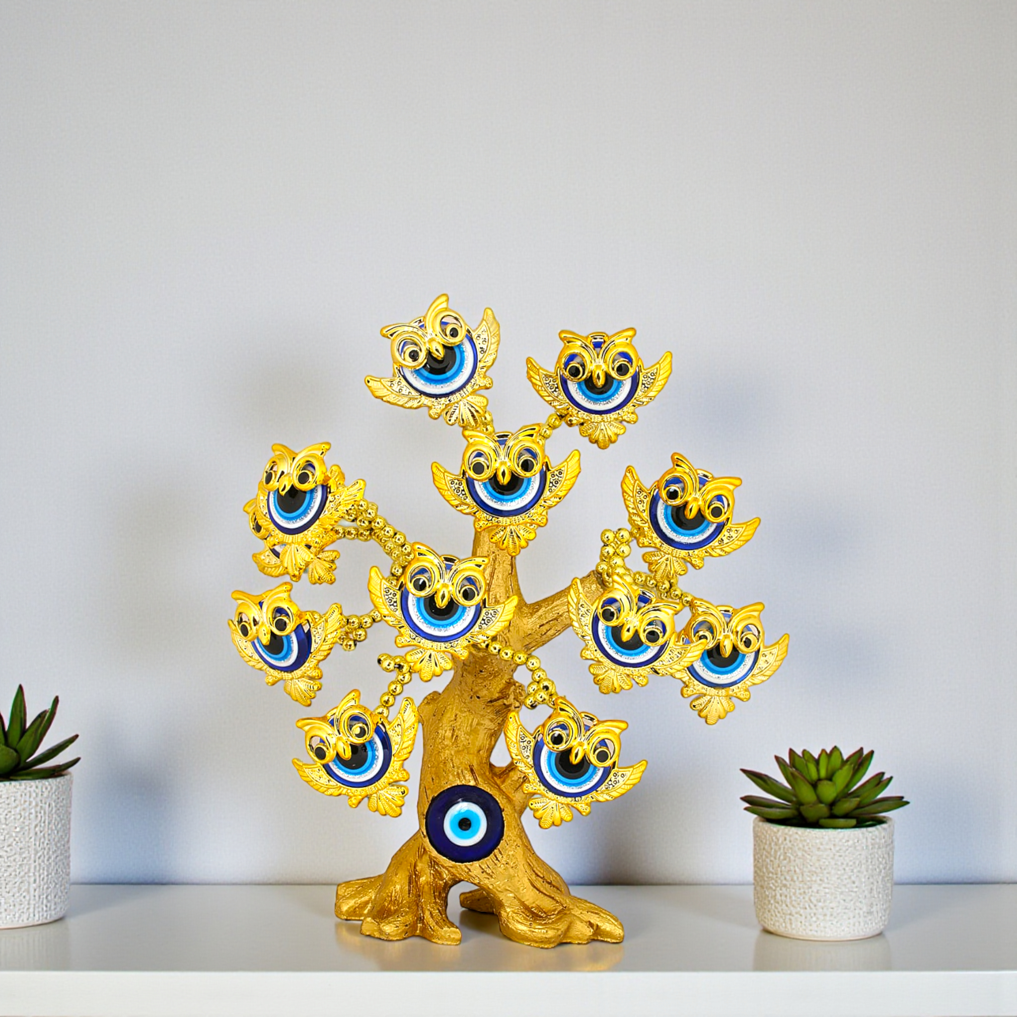 Fengshui Nazar Suraksha Kavach Evil Eye Owl Tree in Gold