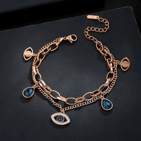 Rose Gold Layered Evil Eye Charm Bracelet