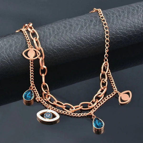 Rose Gold Layered Evil Eye Charm Bracelet