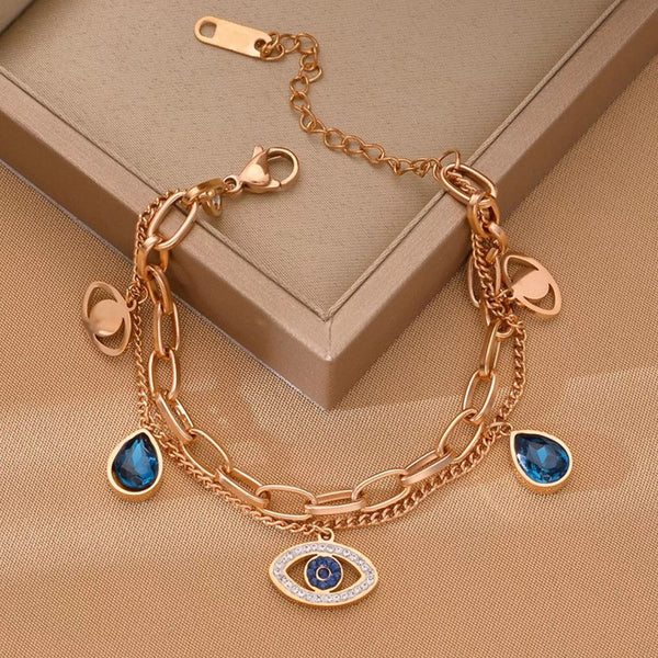 Rose Gold Layered Evil Eye Charm Bracelet