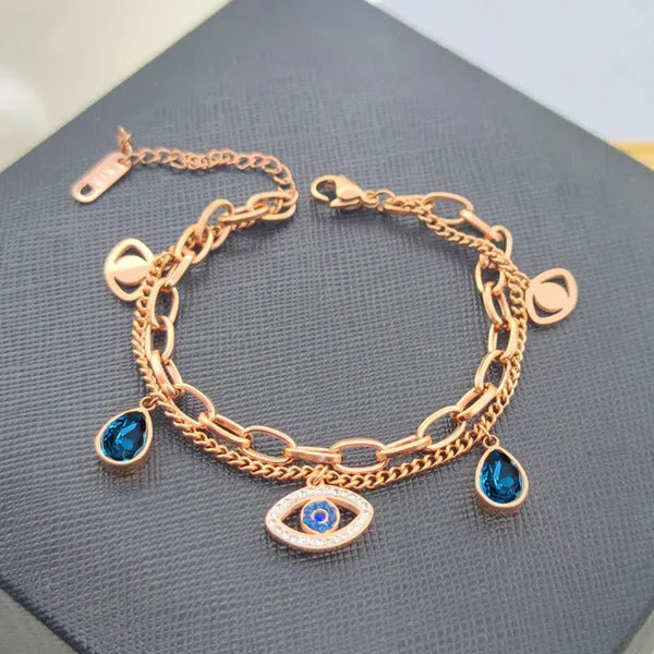 Rose Gold Layered Evil Eye Charm Bracelet