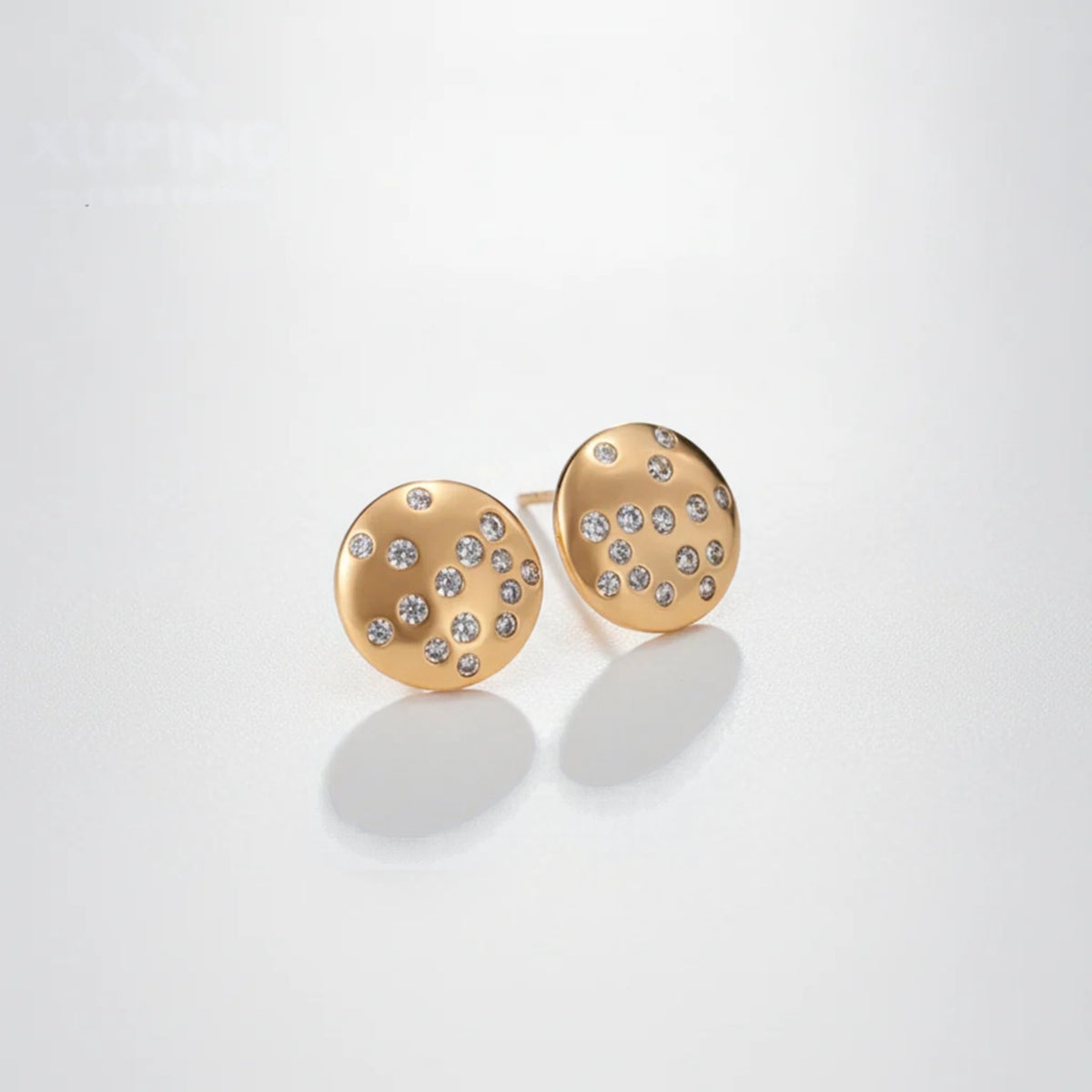 Gold Round Stud Earrings with Crystal Accents
