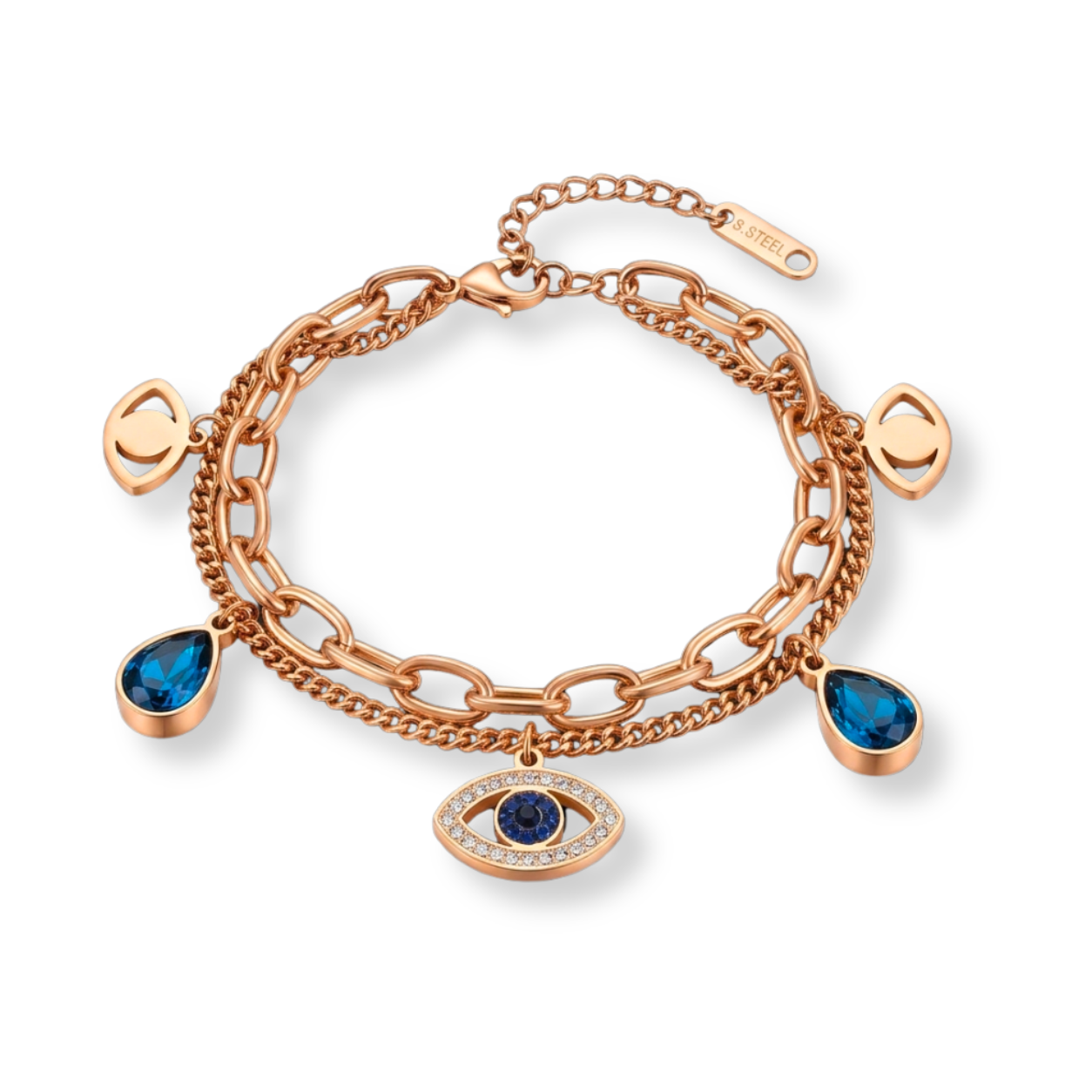 Rose Gold Layered Evil Eye Charm Bracelet