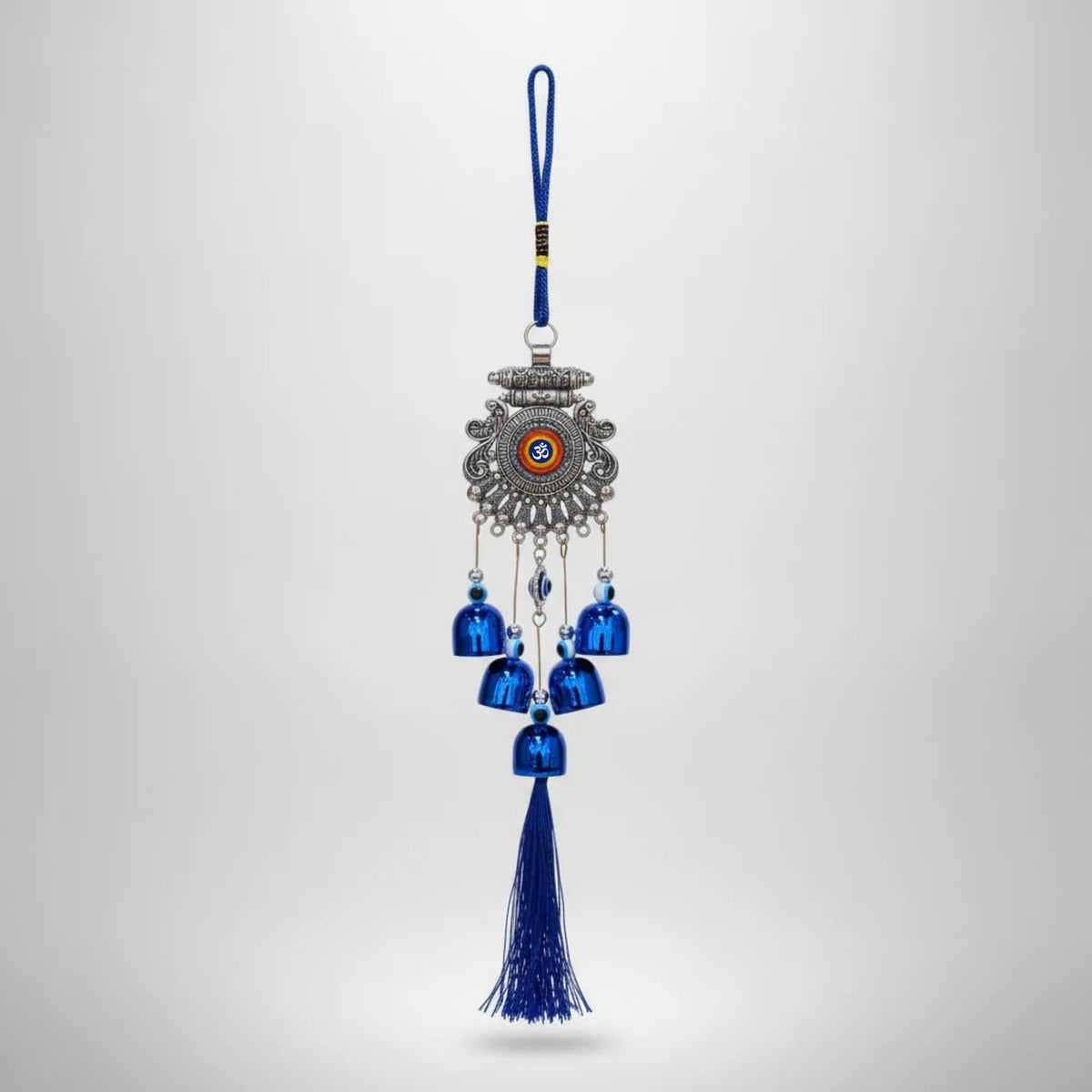 Om & Evil Eye Hanging Charm with Bells & Blue Tassel