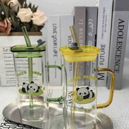 Panda Glass Tumbler Sipper Bottle with Sipper Lid