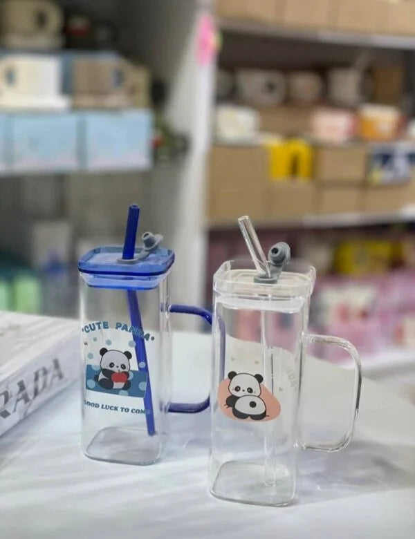 Panda Glass Tumbler Sipper Bottle with Sipper Lid