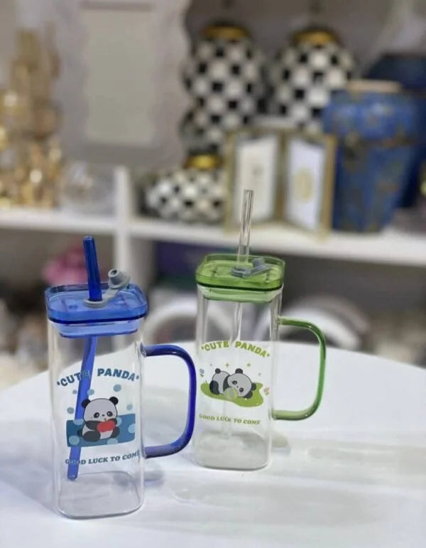 Panda Glass Tumbler Sipper Bottle with Sipper Lid