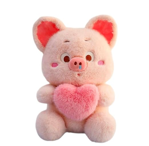 Cute Pig Soft Toy Holding A Cute Heart, Cute Huggable Stuffed Animal Plushie with Shiny Brown Eyes Teddy Bear for Kids