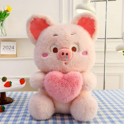 Cute Pig Soft Toy Holding A Cute Heart, Cute Huggable Stuffed Animal Plushie with Shiny Brown Eyes Teddy Bear for Kids