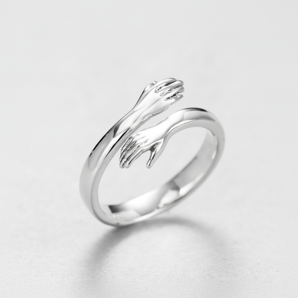 Silver Hug Ring – Adjustable Open Band with Embrace Design