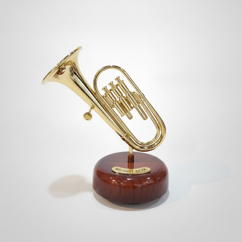 Miniature Euphonium Music Box with Rotating Wood Base