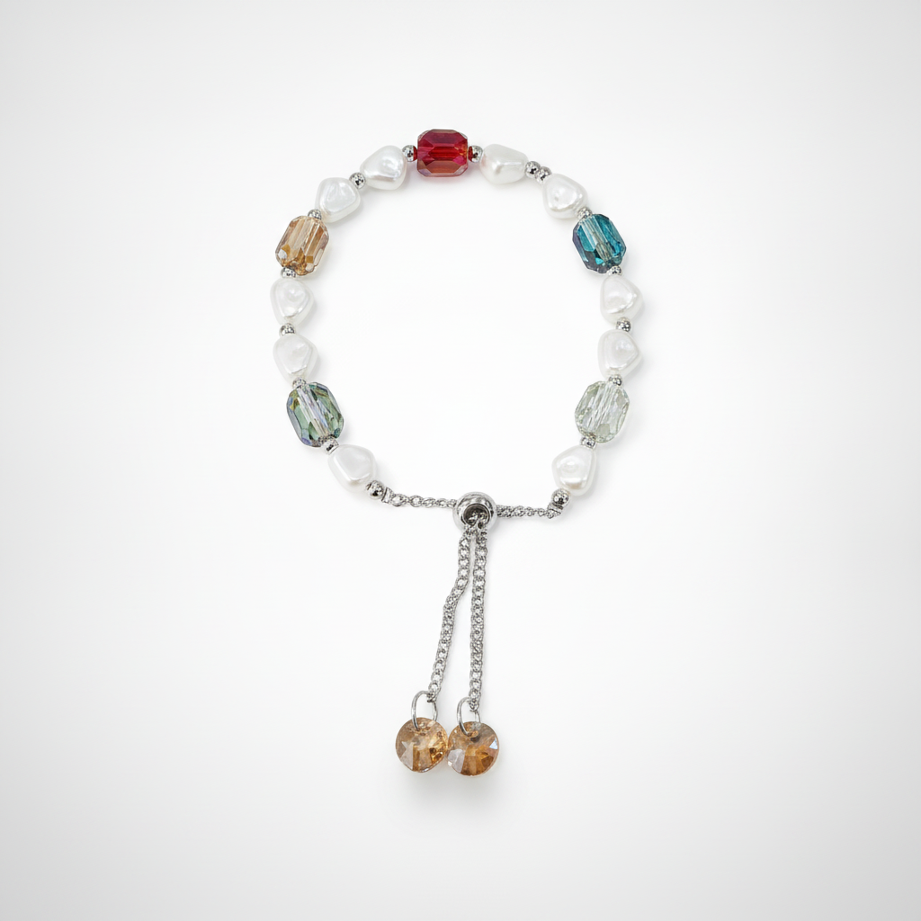 Multicolor Crystal & Pearl Adjustable Bolo Bracelet