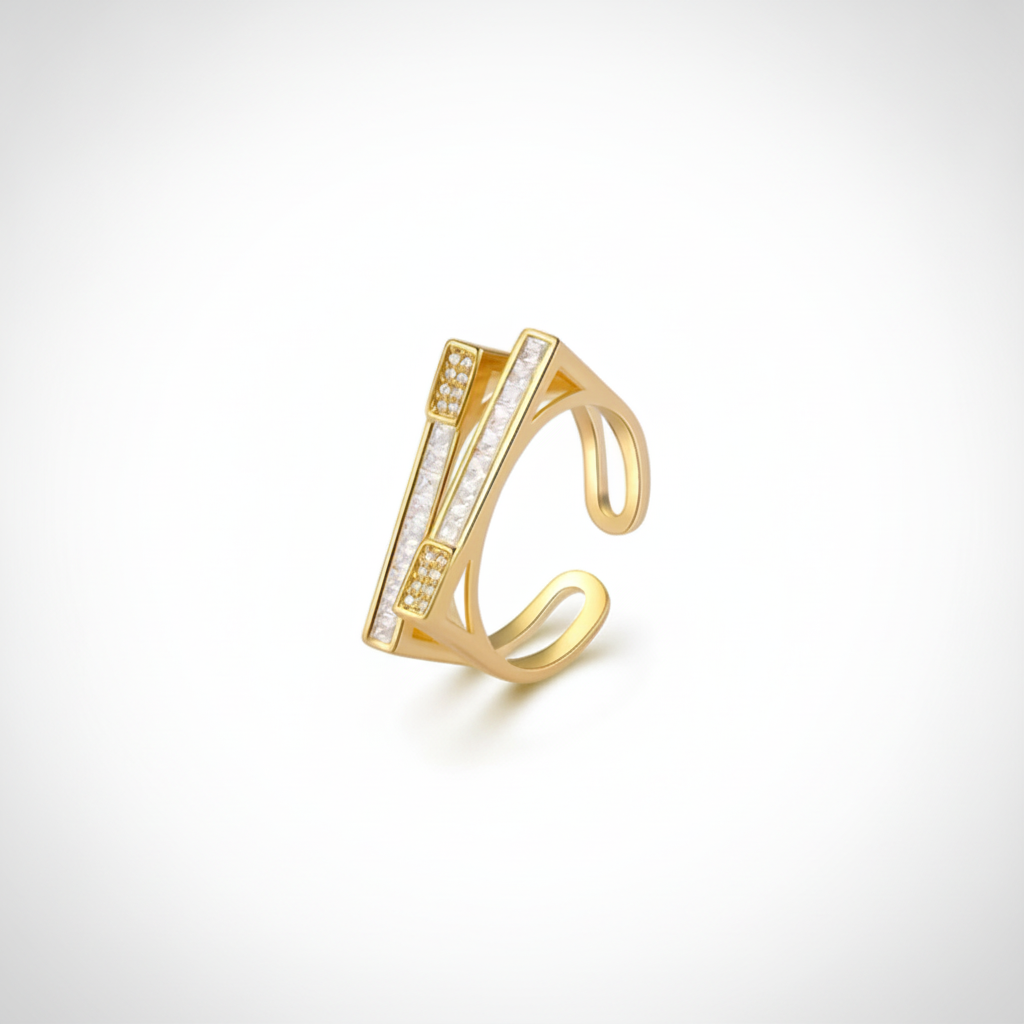 Gold Crystal Bar Open Ring | Modern Geometric Statement Ring