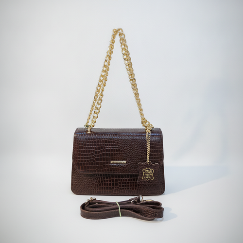 Women's Croc-Embossed Leather Shoulder Bag with Gold Chain