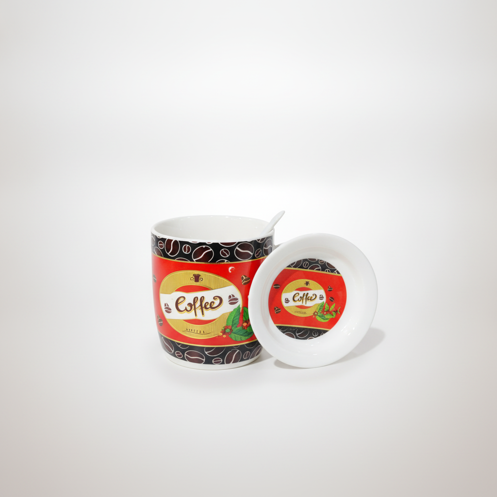 Coffee Ceramic Mug with Lid & Spoon – Bold Coffee Bean Design