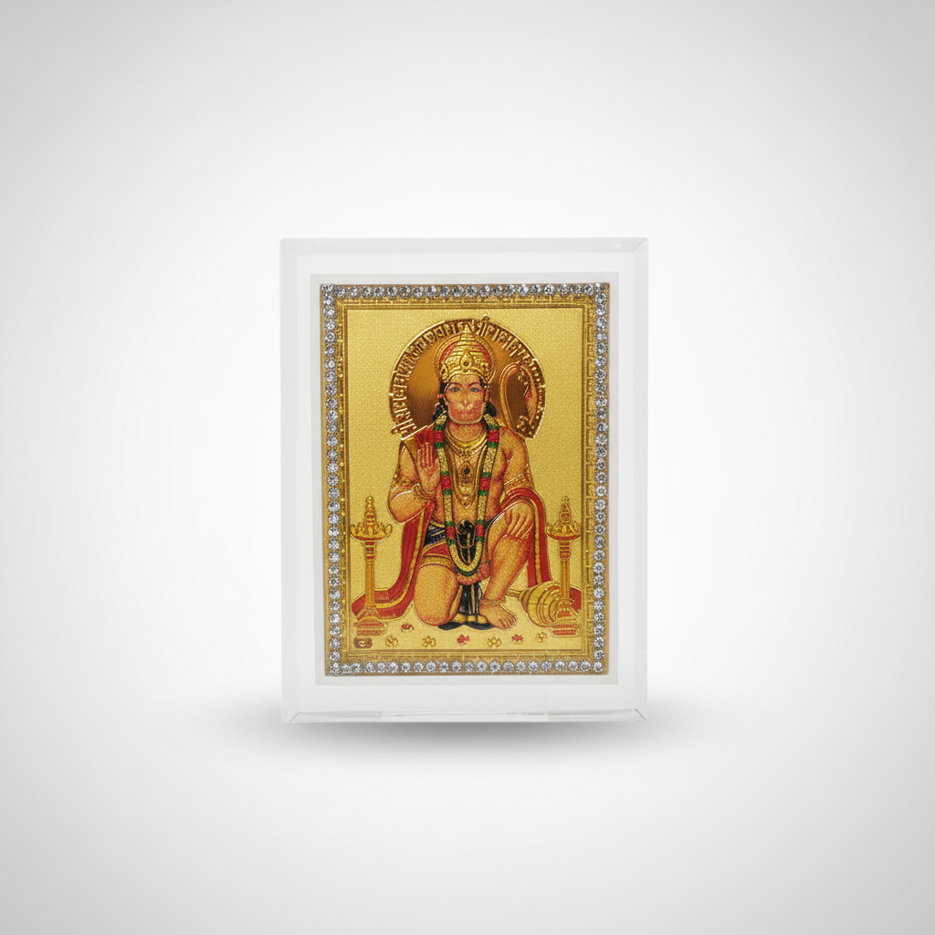 Lord Hanuman Gold Foil Photo Frame with Crystal Border