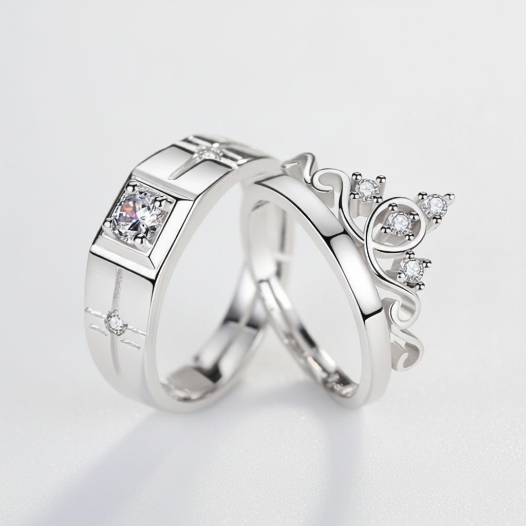 Crown & Shield Crystal Couple Rings Set – His & Hers