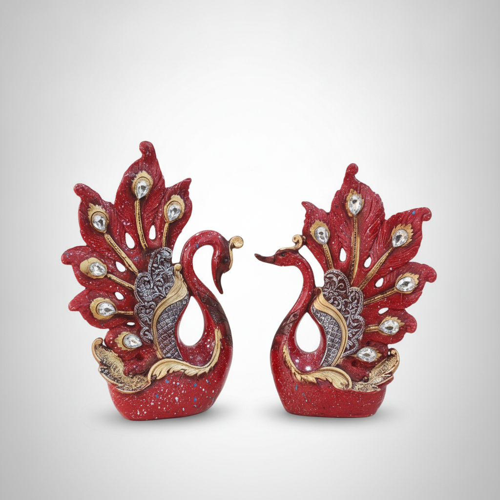 Red Peacock Couple Figurine Set – Poly Resin Home Décor