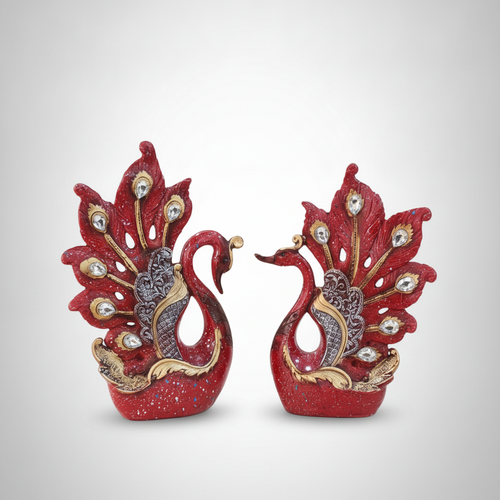 Red Peacock Couple Figurine Set – Poly Resin Home Décor