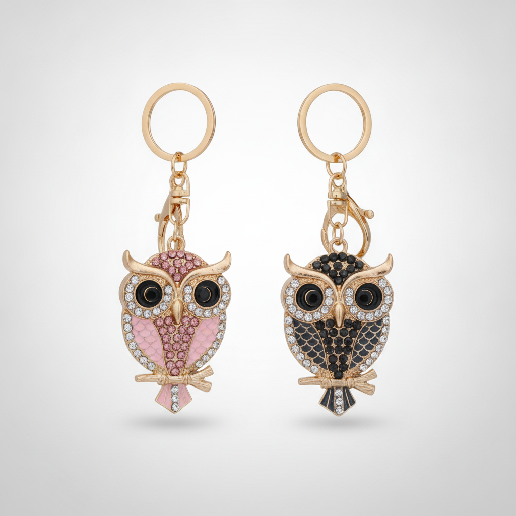 Crystal Owl Keychain – Rhinestone Charm in Pink or Black