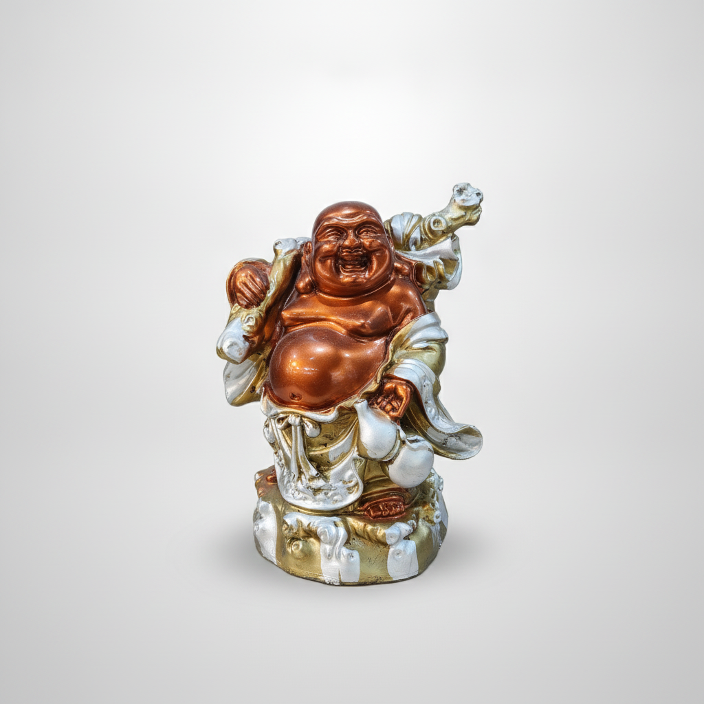 Laughing Buddha Figurine – Copper & Gold Poly Resin, 6.5"