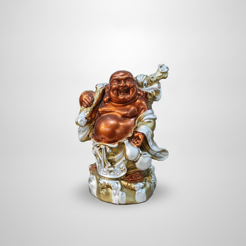 Laughing Buddha Figurine – Copper & Gold Poly Resin, 6.5"