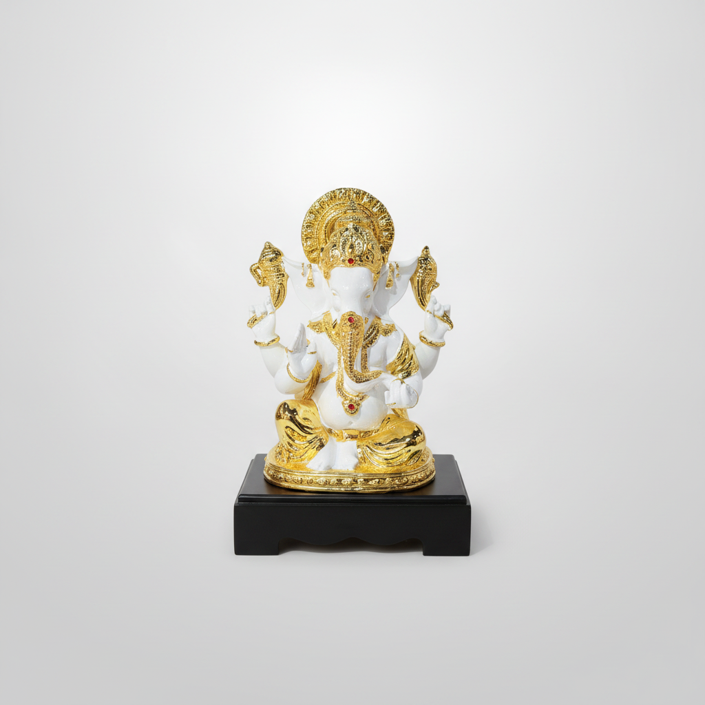 11.5" White & Gold Ganesha Statue on Black Wood Base
