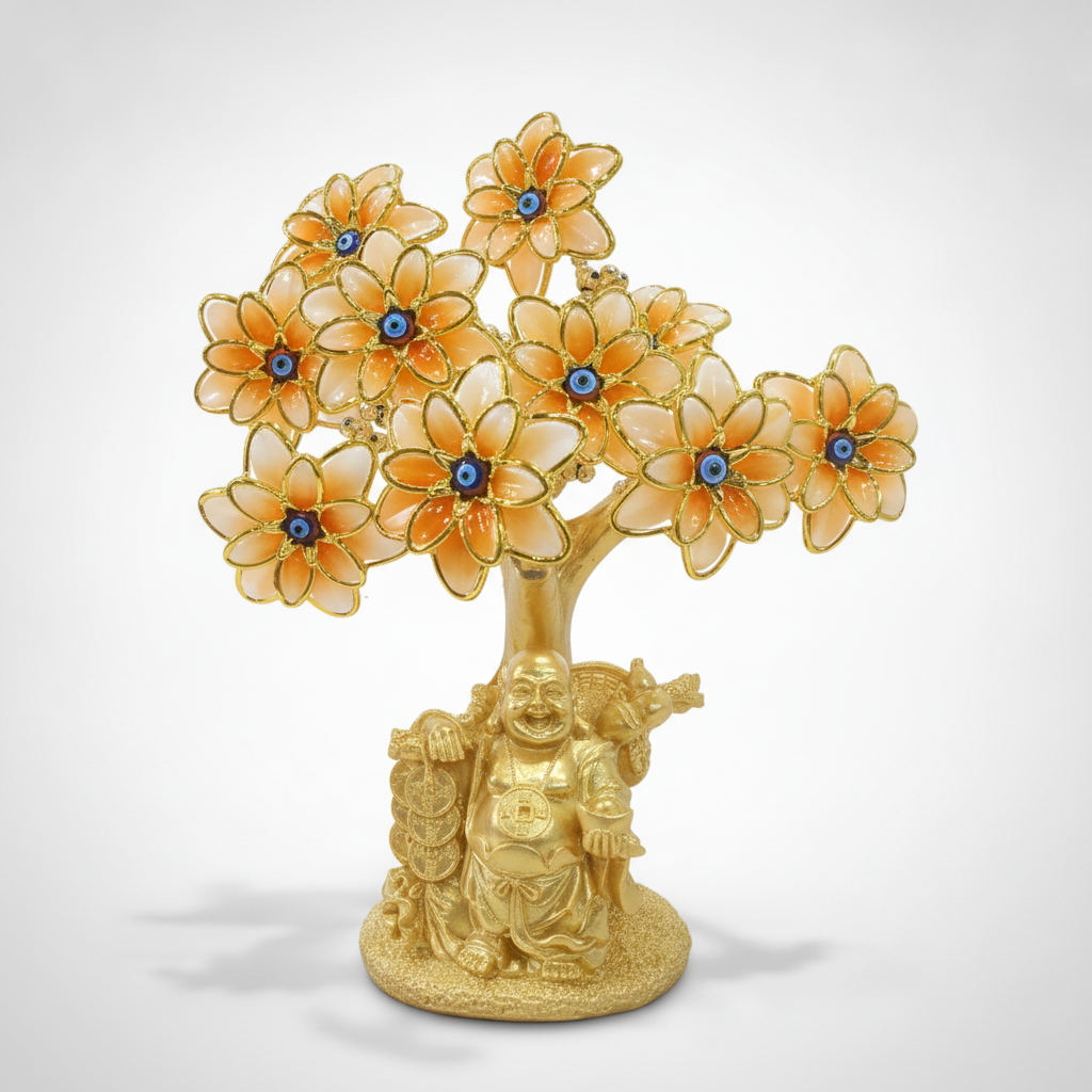 Golden Laughing Buddha Evil Eye Flower Tree Figurine