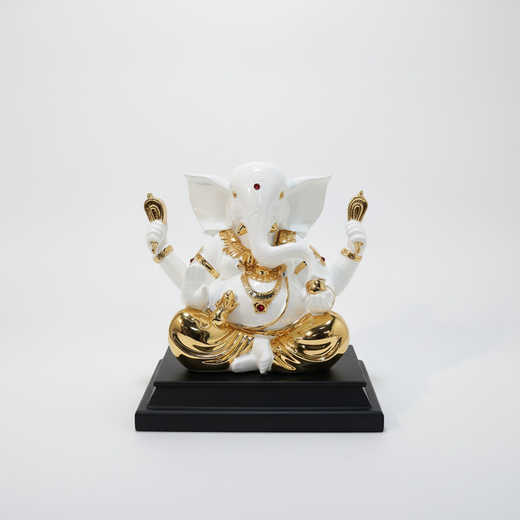 White & Gold Ganesha Statue – Elegant Resin Idol on Base