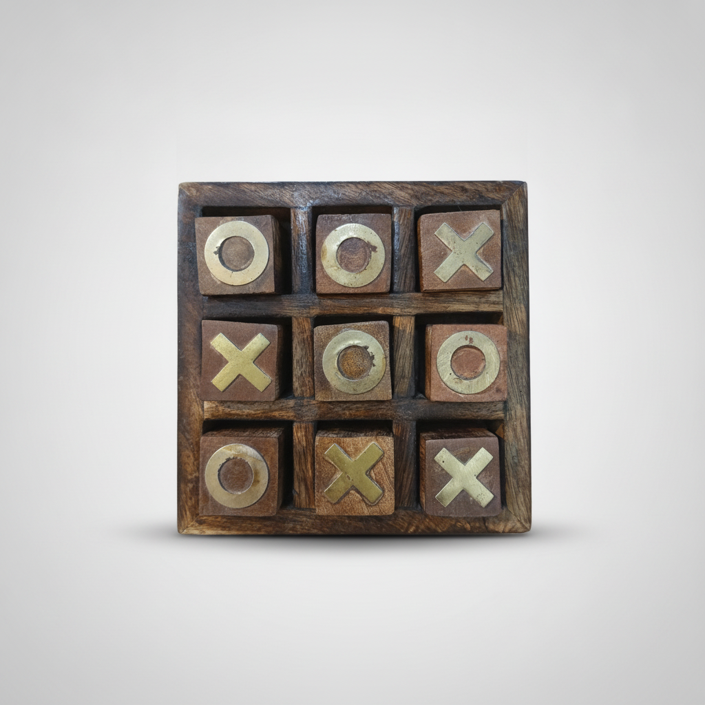 Handcrafted Wooden Tic-Tac-Toe Game with Brass Inlay Pieces