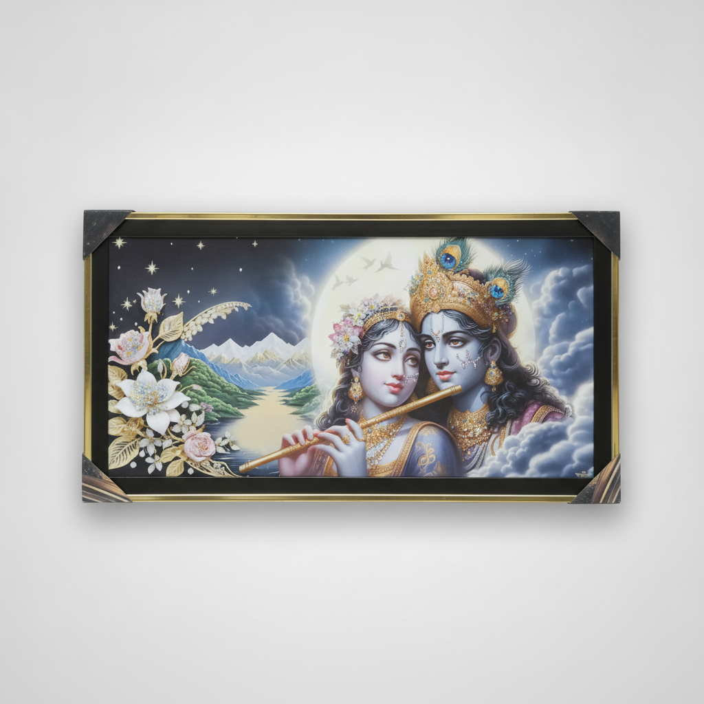Radha Krishna Framed Wall Art – Moonlit Divine Portrait