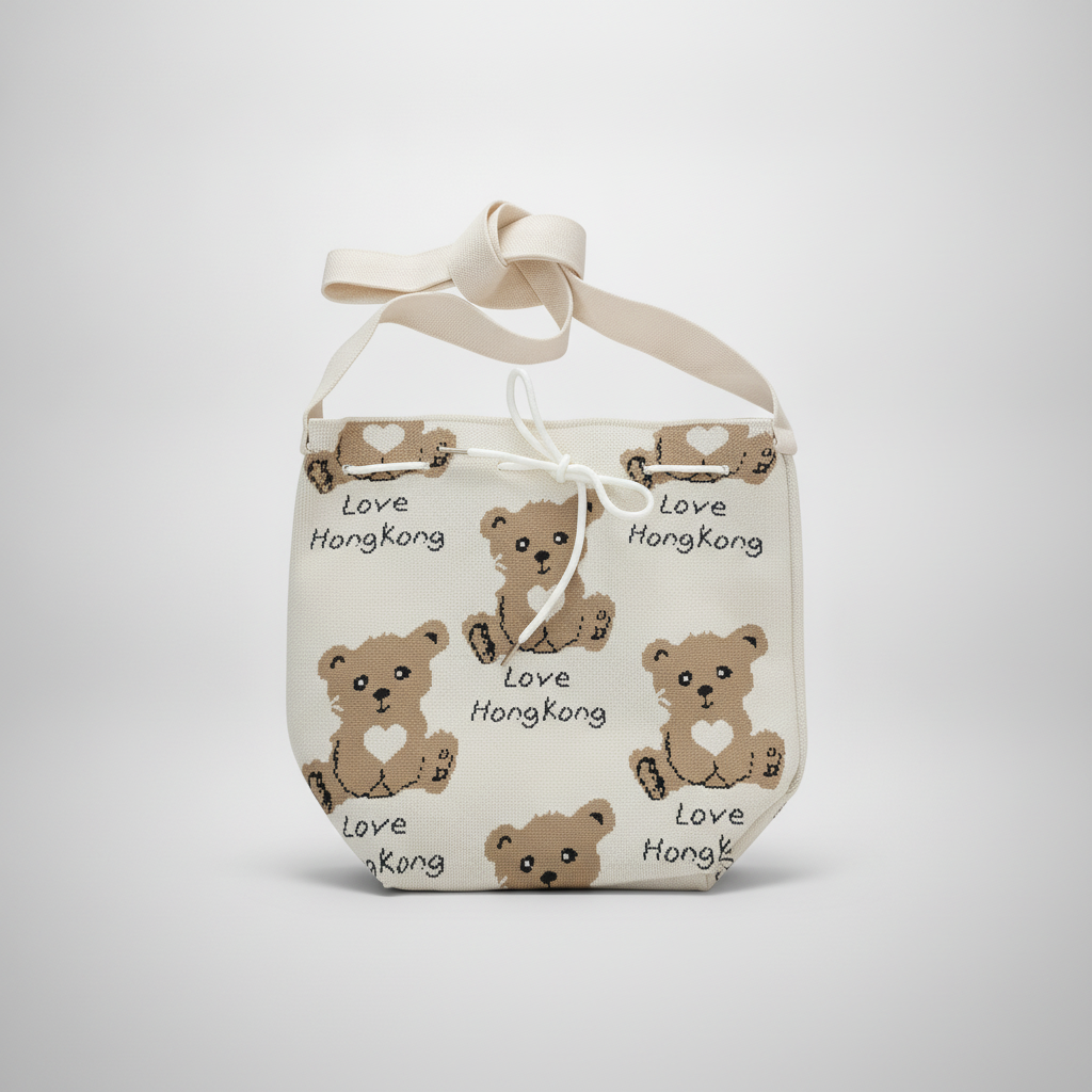 Love Hong Kong Teddy Bear Knit Tote Shoulder Bag