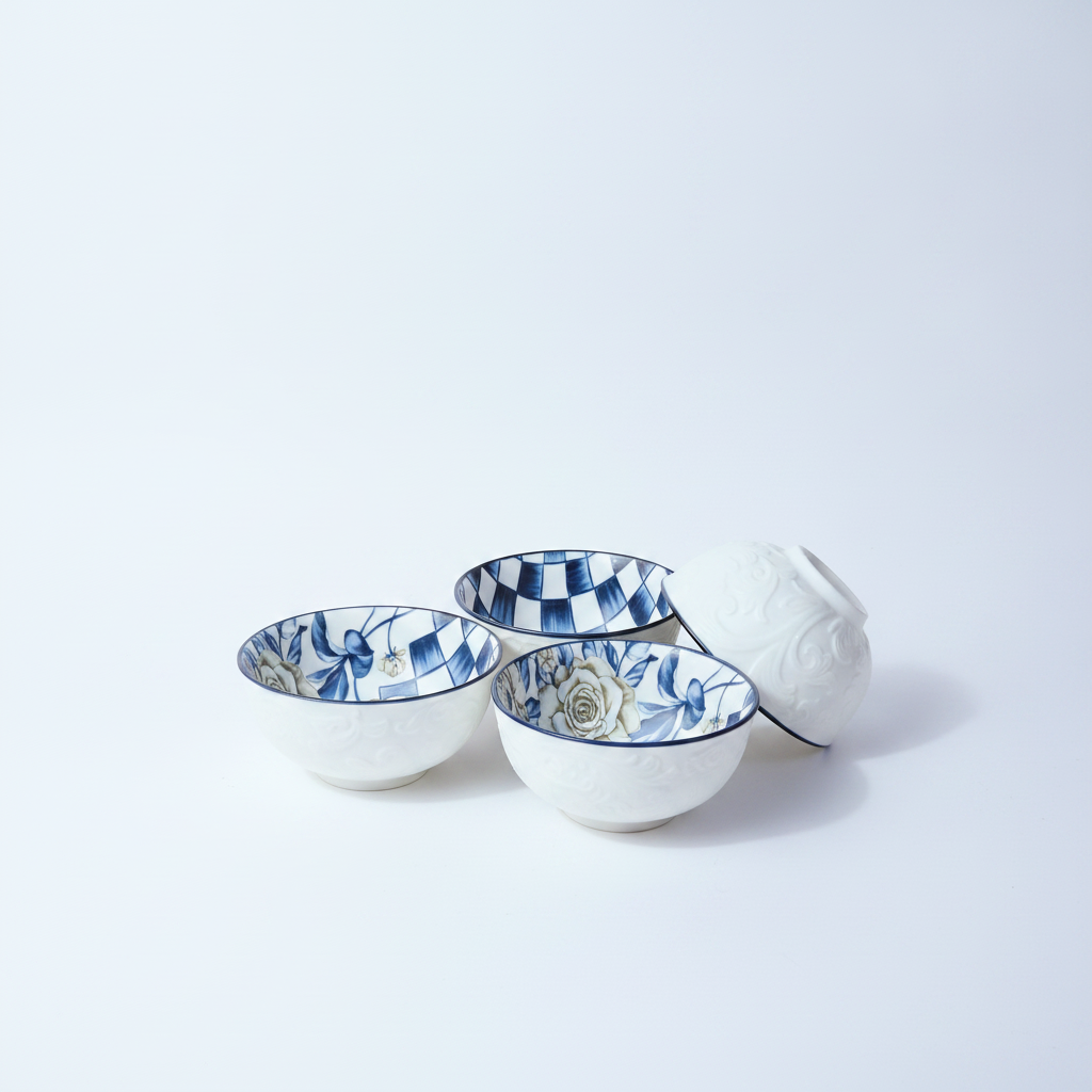 Blue & White Floral Checkered Ceramic Bowl Set