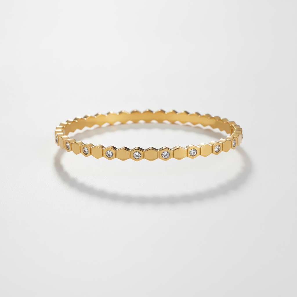 Gold Honeycomb Bangle Bracelet with Crystal Accents