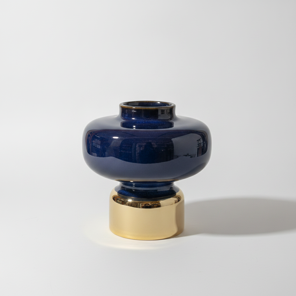 Navy Blue & Gold Ceramic Vase | Glossy Glaze Décor Piece