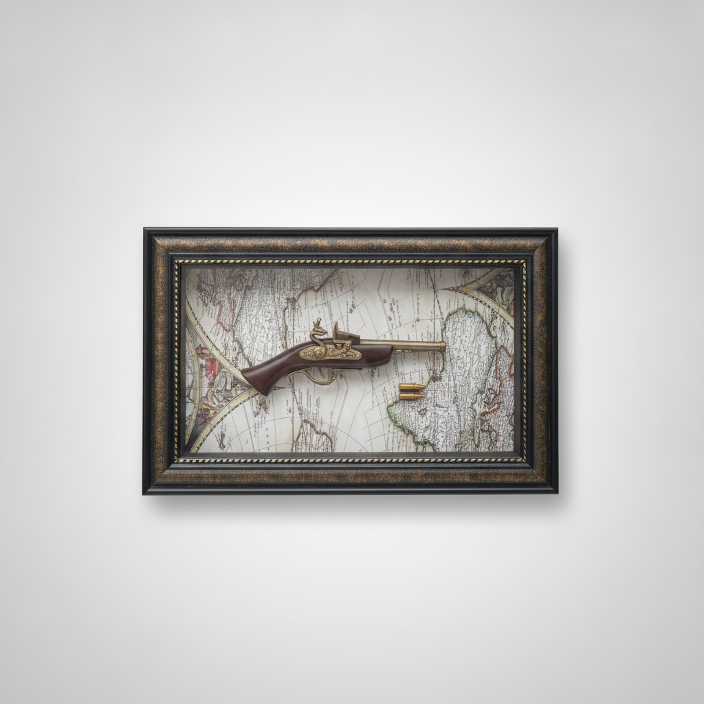 Vintage Flintlock Pistol Wall Plaque on Antique Map