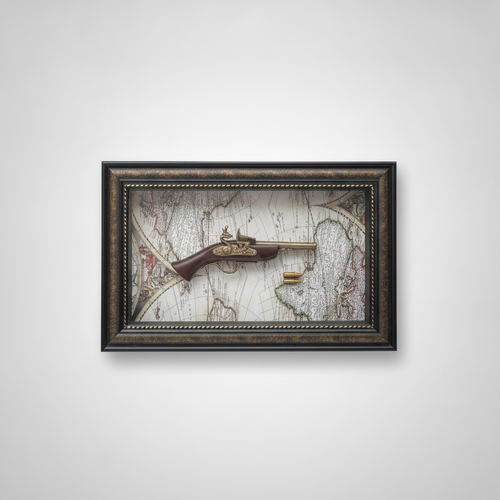 Vintage Flintlock Pistol Wall Plaque on Antique Map