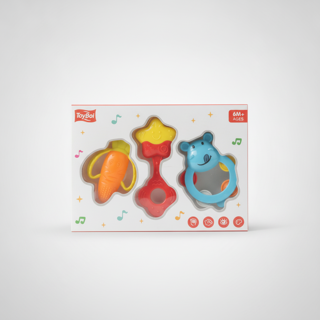 ToyBoi Baby Rattle & Teether Set – 3-Piece Sensory Toy Gift Set