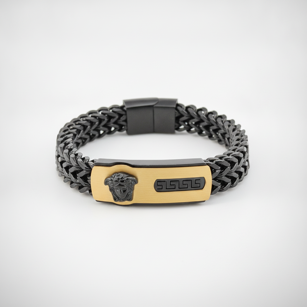 Men's Black & Gold Medusa Double Franco Chain Bracelet