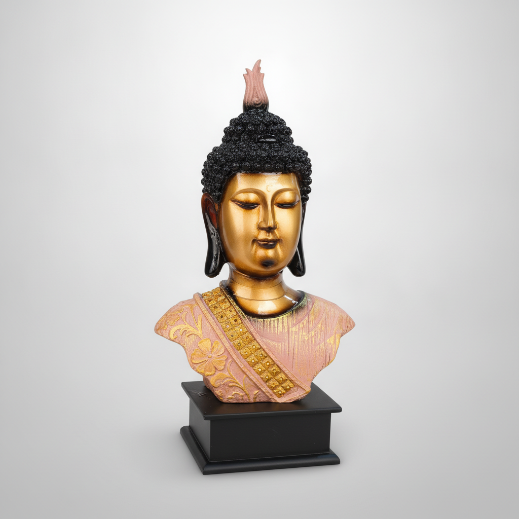Golden Buddha Bust Statue Decorative Figurine with Black Base