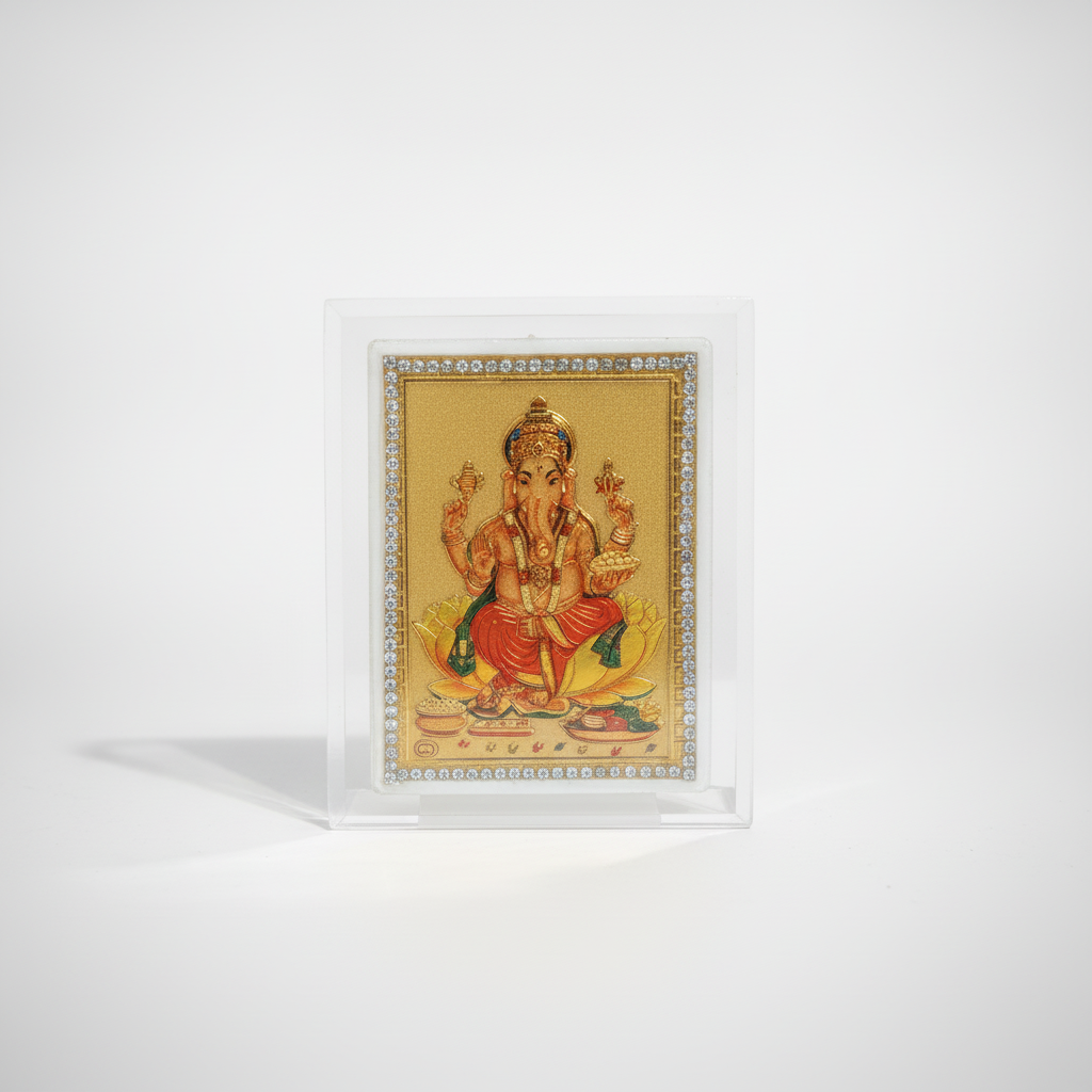 Lord Ganesha Car Dashboard Frame – Gold Foil & Crystal