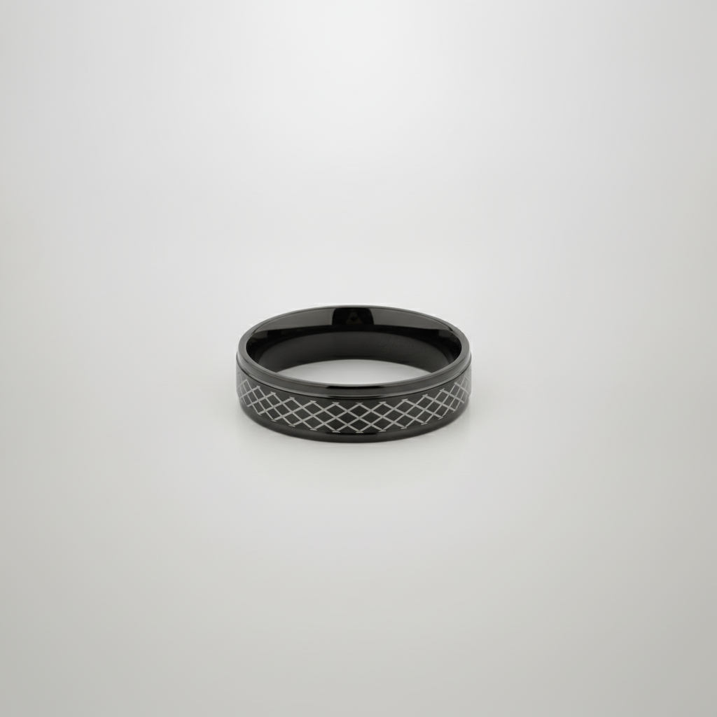 Men's Black Band Ring with Diamond Grid Pattern