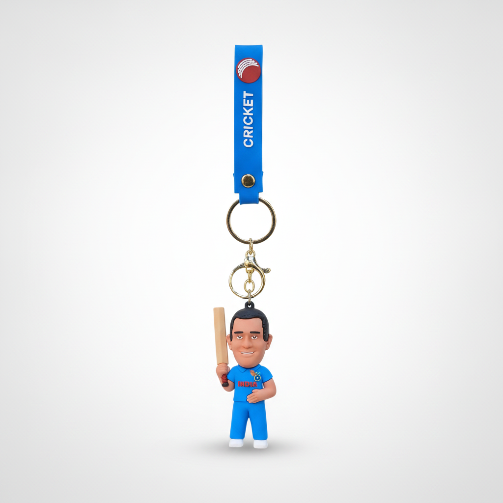 MS Dhoni Cricket Keychain – India Blue Jersey Figurine