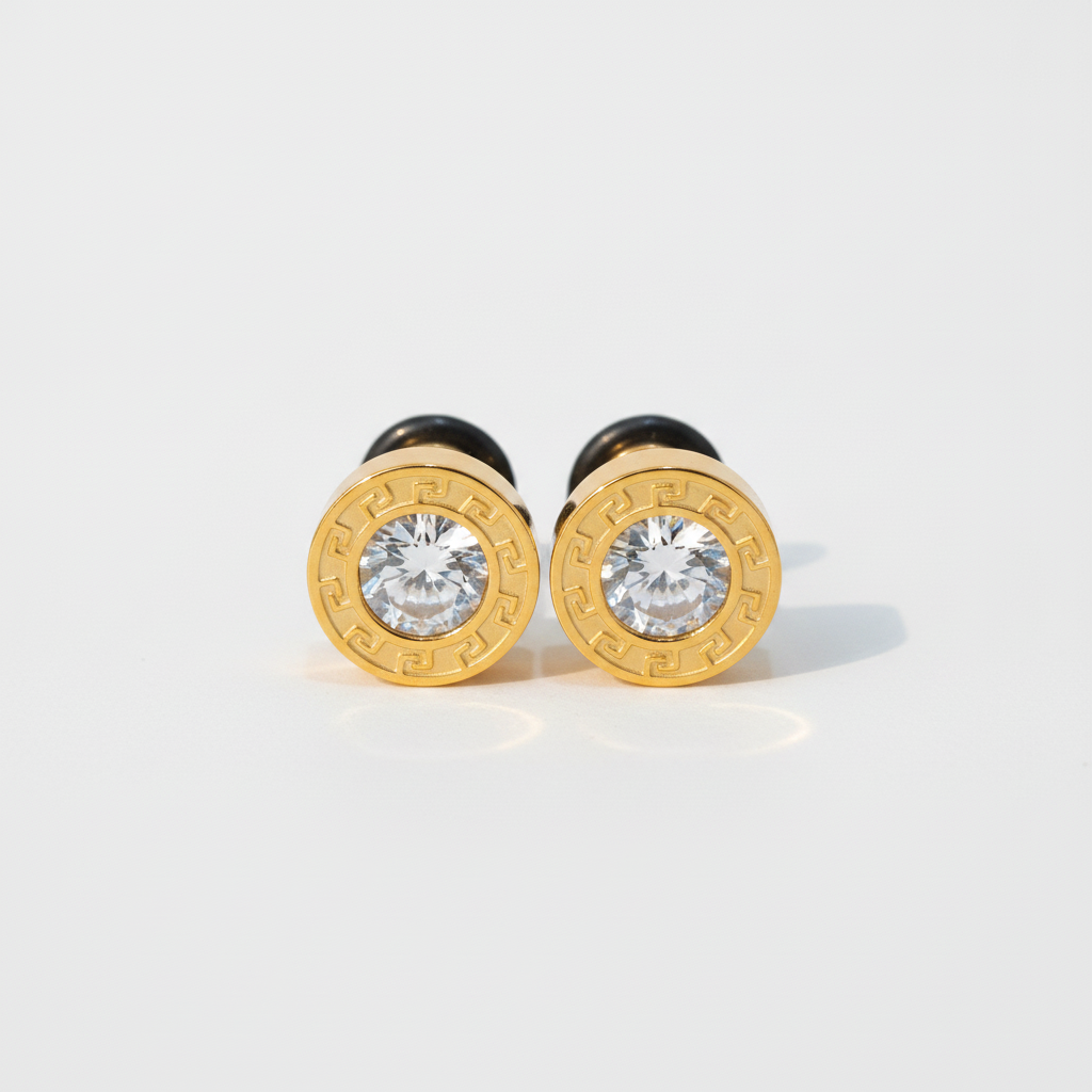 Men's Gold Greek Key Stud Earrings with Crystal Center