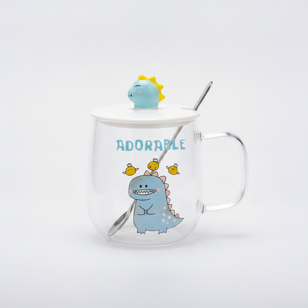 Adorable Dinosaur Glass Mug with Lid & Spoon
